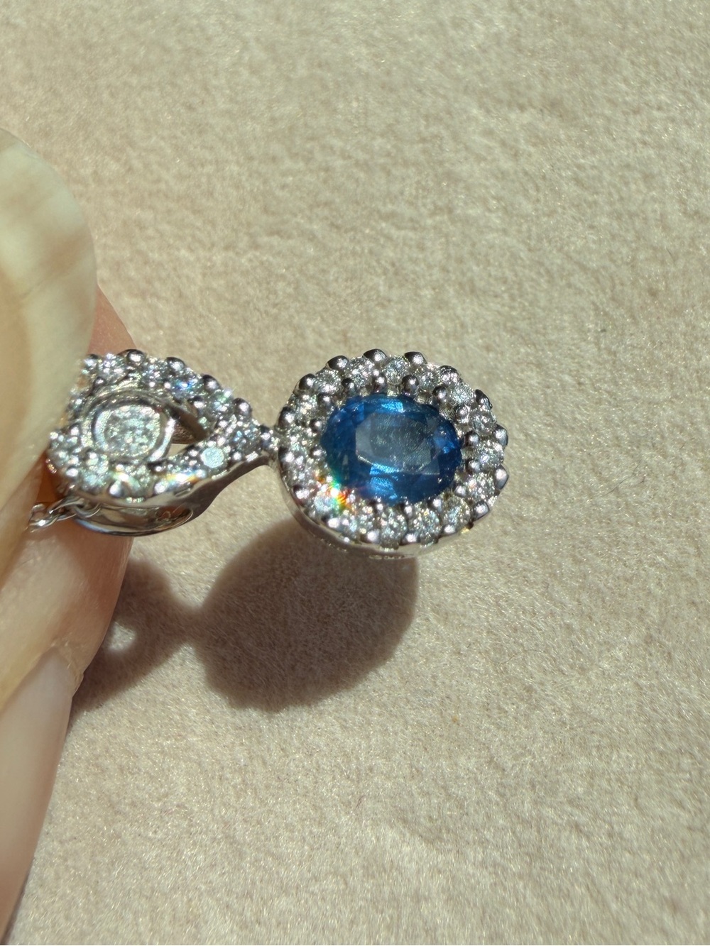 Natural Blue Sapphire & Diamond Necklace – 18K White Gold – September Birthstone - Picture 6 of 8